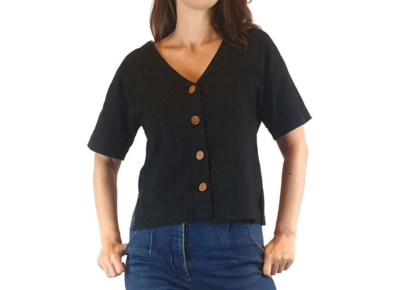 Gorman black tee shirt style top with front wooden buttons size 6 (best fits sizes 6-8)