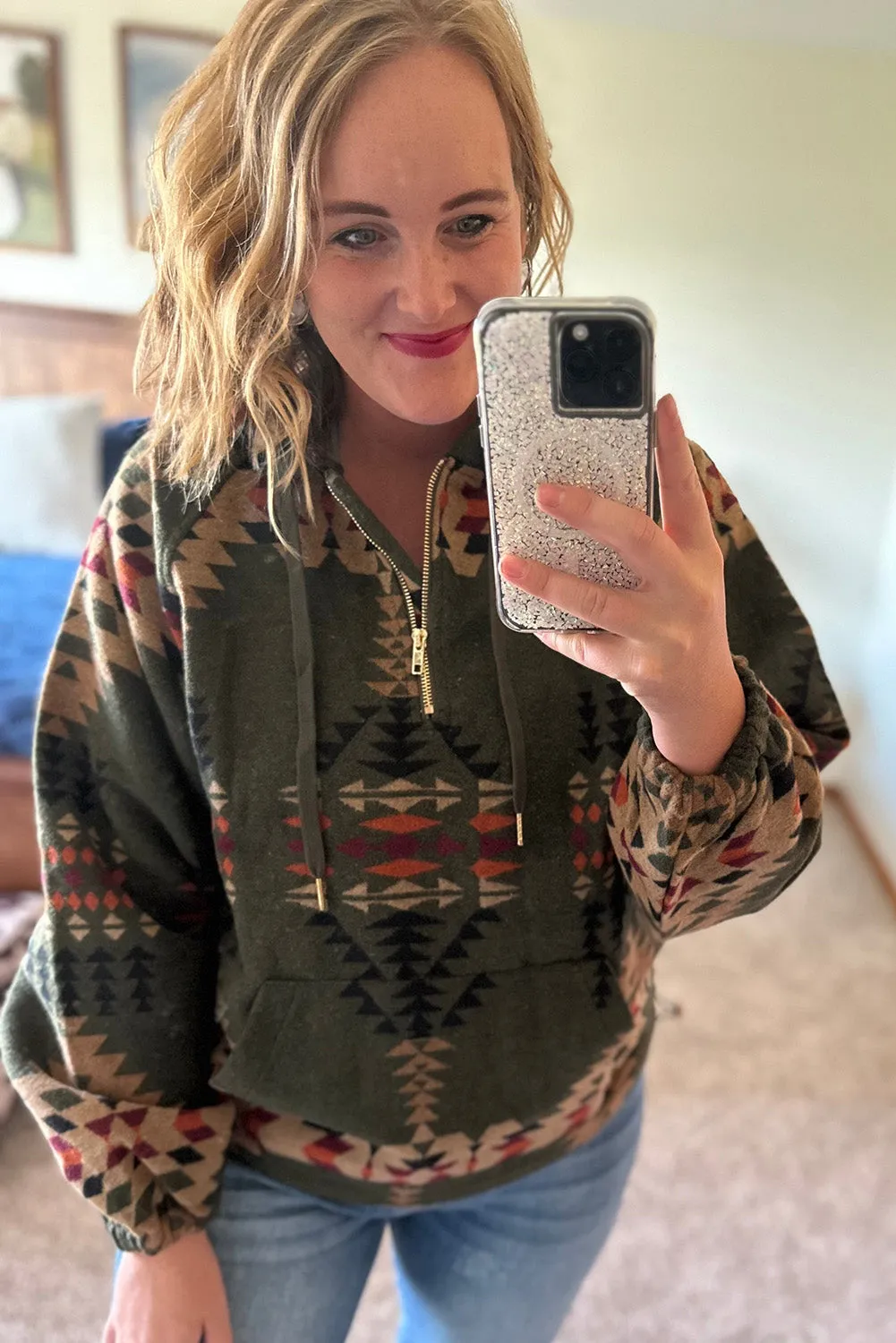 Green Printed Western Aztec Print Zipped Hoodie