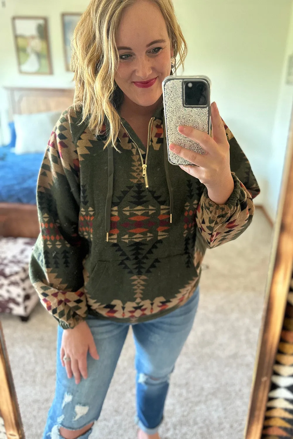 Green Printed Western Aztec Print Zipped Hoodie
