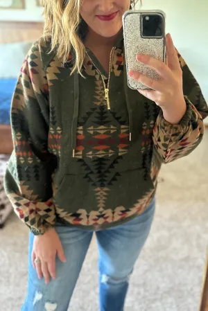 Green Printed Western Aztec Print Zipped Hoodie