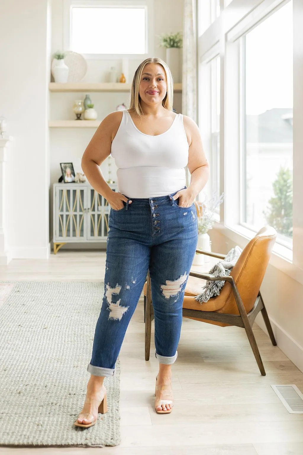 Hazel Blues® |  Colt High Rise Button Fly Distressed Boyfriend Jeans