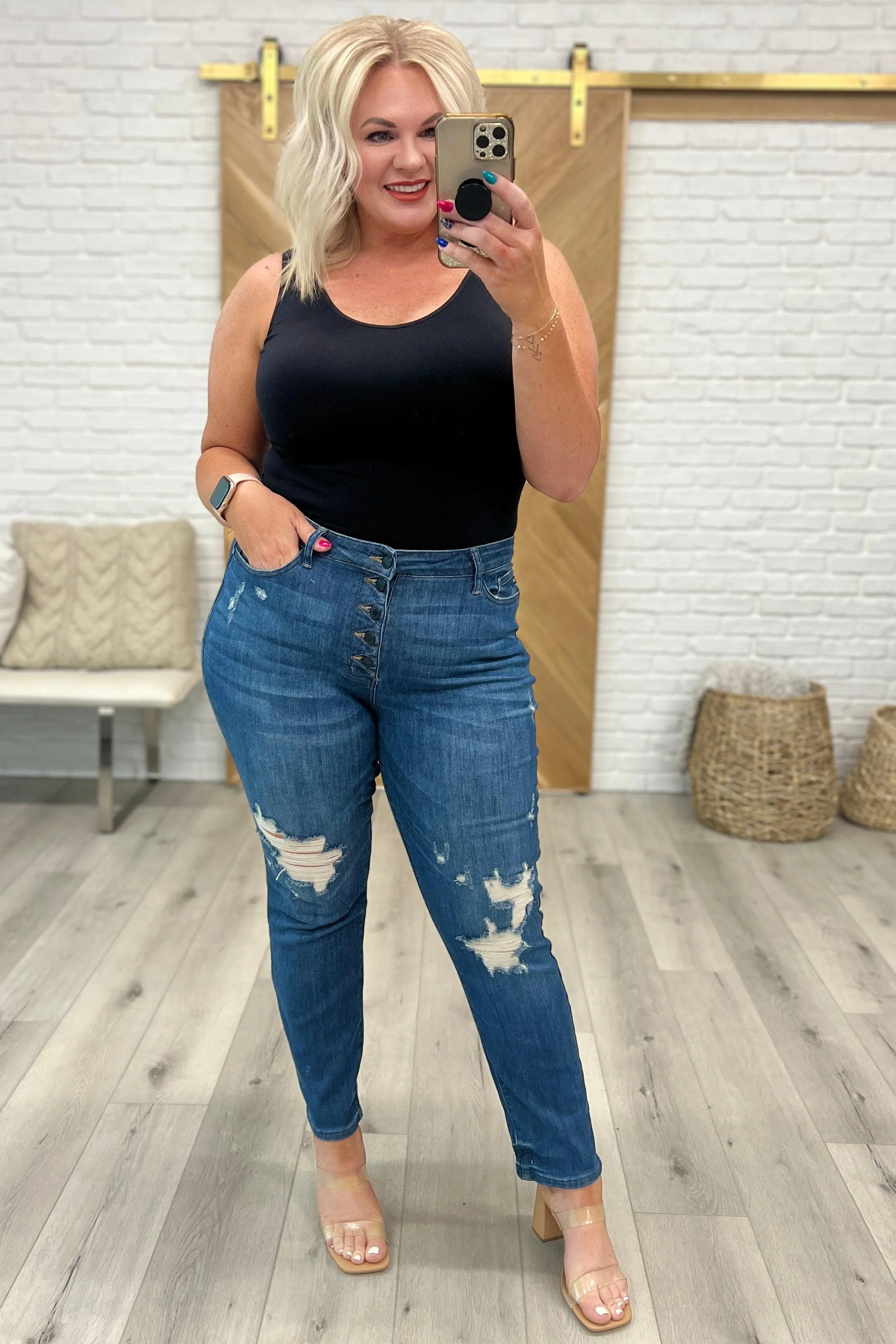 Hazel Blues® |  Colt High Rise Button Fly Distressed Boyfriend Jeans