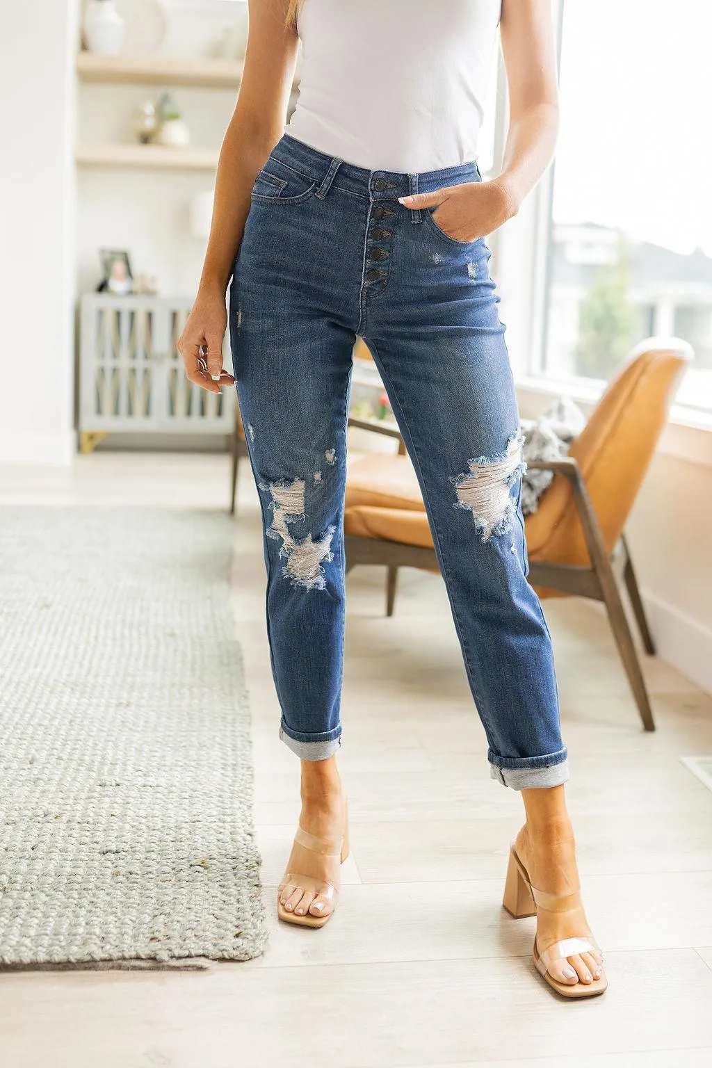Hazel Blues® |  Colt High Rise Button Fly Distressed Boyfriend Jeans
