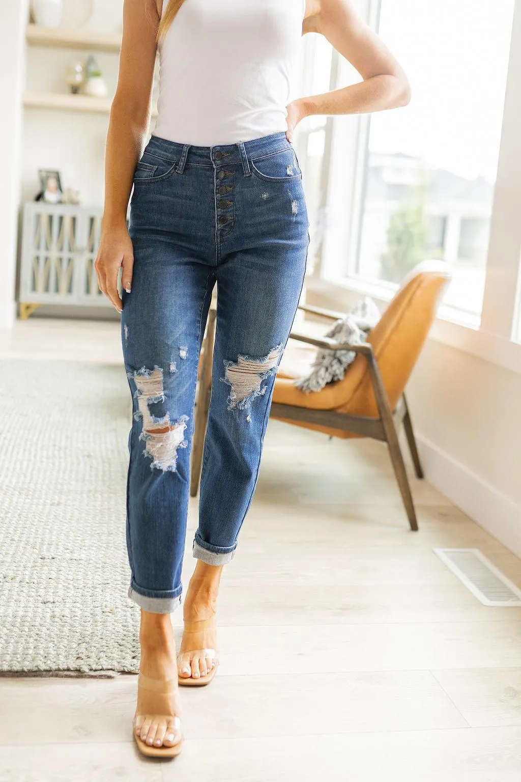Hazel Blues® |  Colt High Rise Button Fly Distressed Boyfriend Jeans