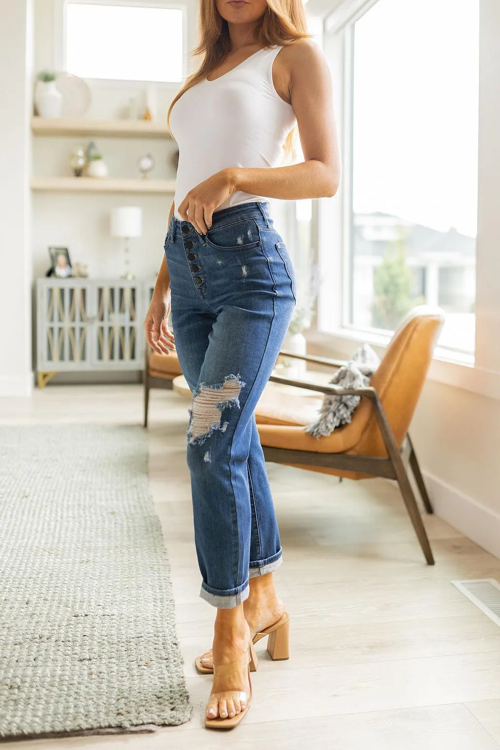 Hazel Blues® |  Colt High Rise Button Fly Distressed Boyfriend Jeans