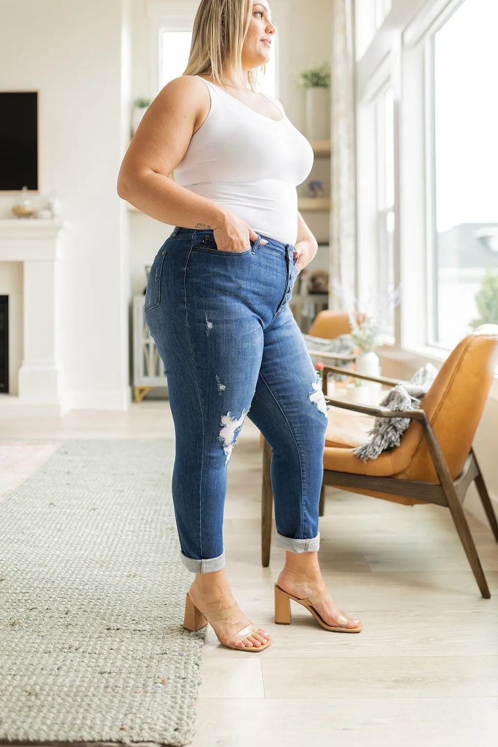 Hazel Blues® |  Colt High Rise Button Fly Distressed Boyfriend Jeans
