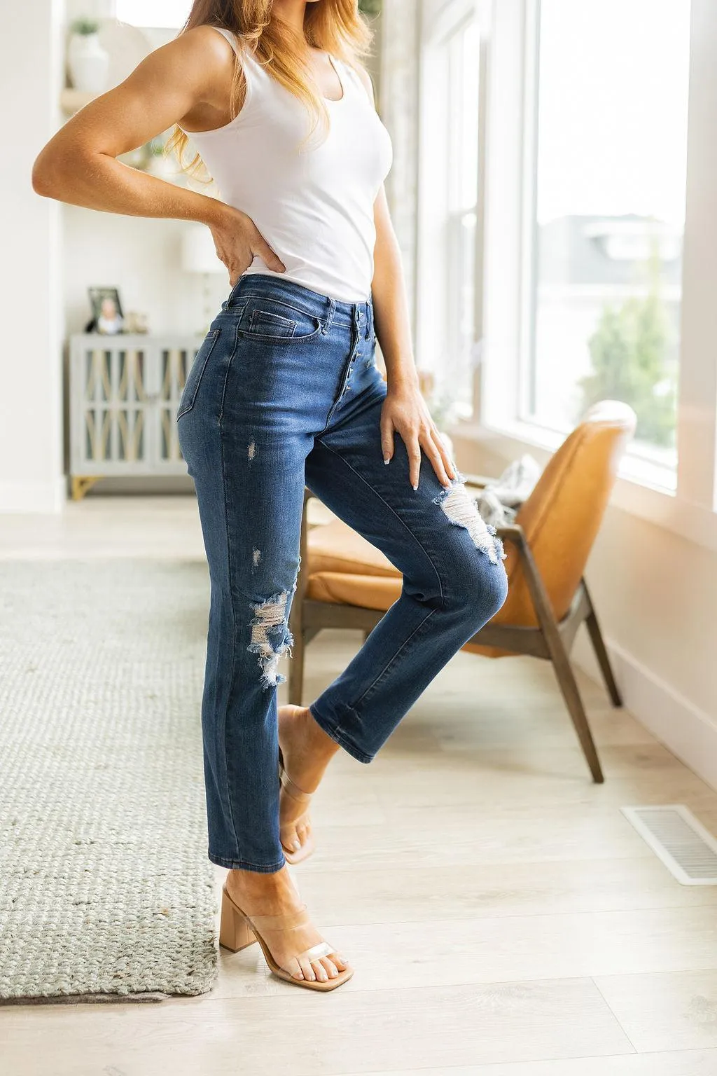 Hazel Blues® |  Colt High Rise Button Fly Distressed Boyfriend Jeans