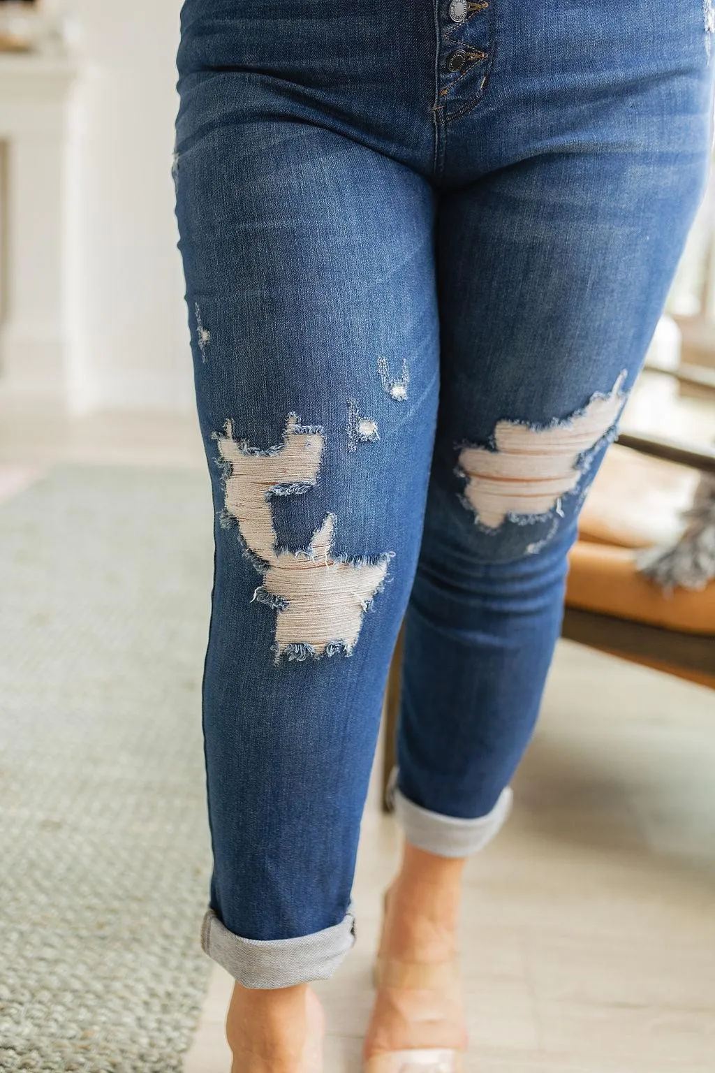 Hazel Blues® |  Colt High Rise Button Fly Distressed Boyfriend Jeans