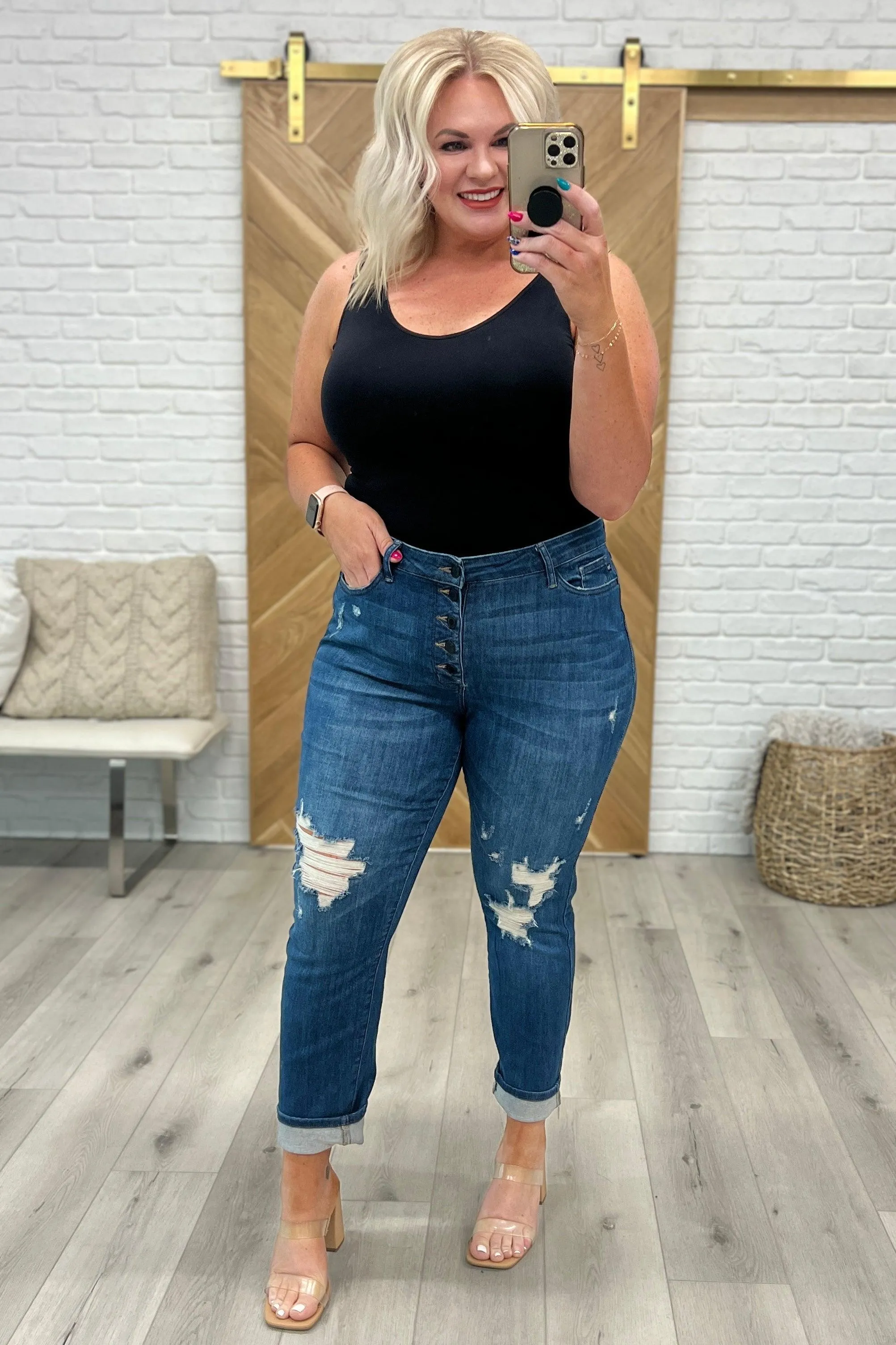 Hazel Blues® |  Colt High Rise Button Fly Distressed Boyfriend Jeans