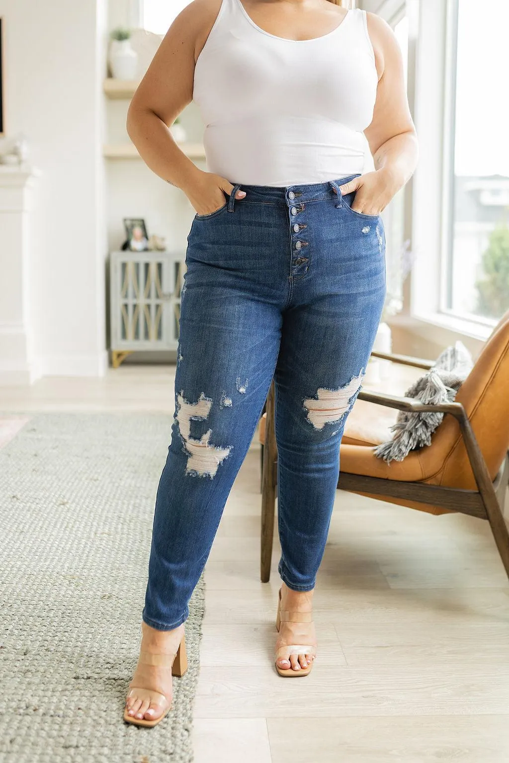 Hazel Blues® |  Colt High Rise Button Fly Distressed Boyfriend Jeans