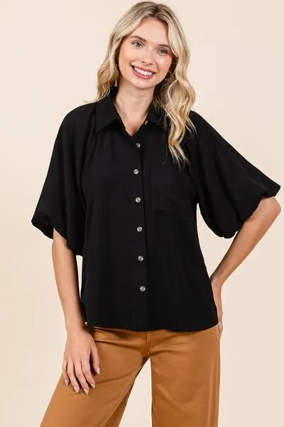 Hazel Blues® |  Mittoshop Airflow Short Bubble Sleeve Button Down Shirt