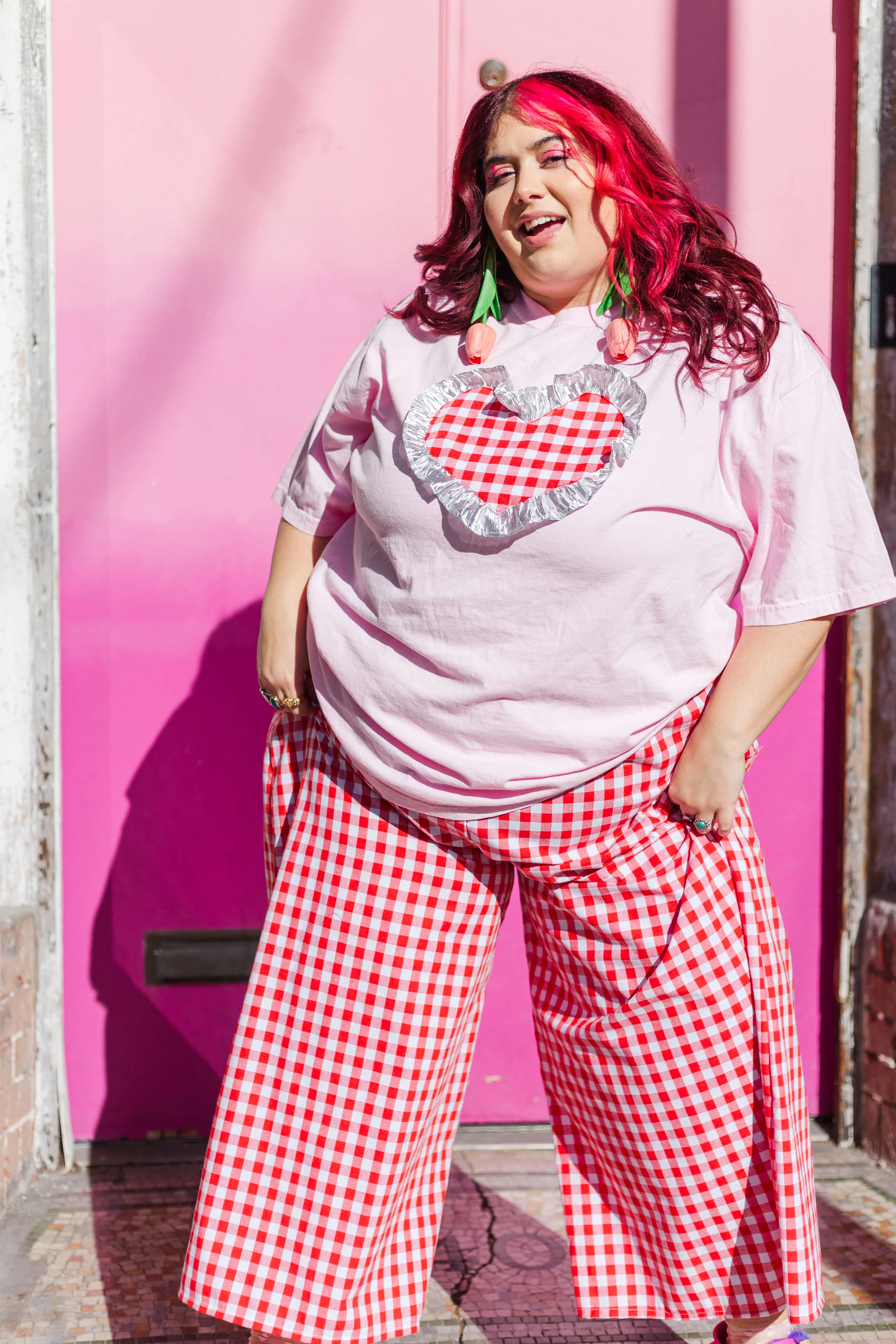 Heart T-Shirt - Pink / Red Gingham / Silver Ruffle - Size 4XL RTS)