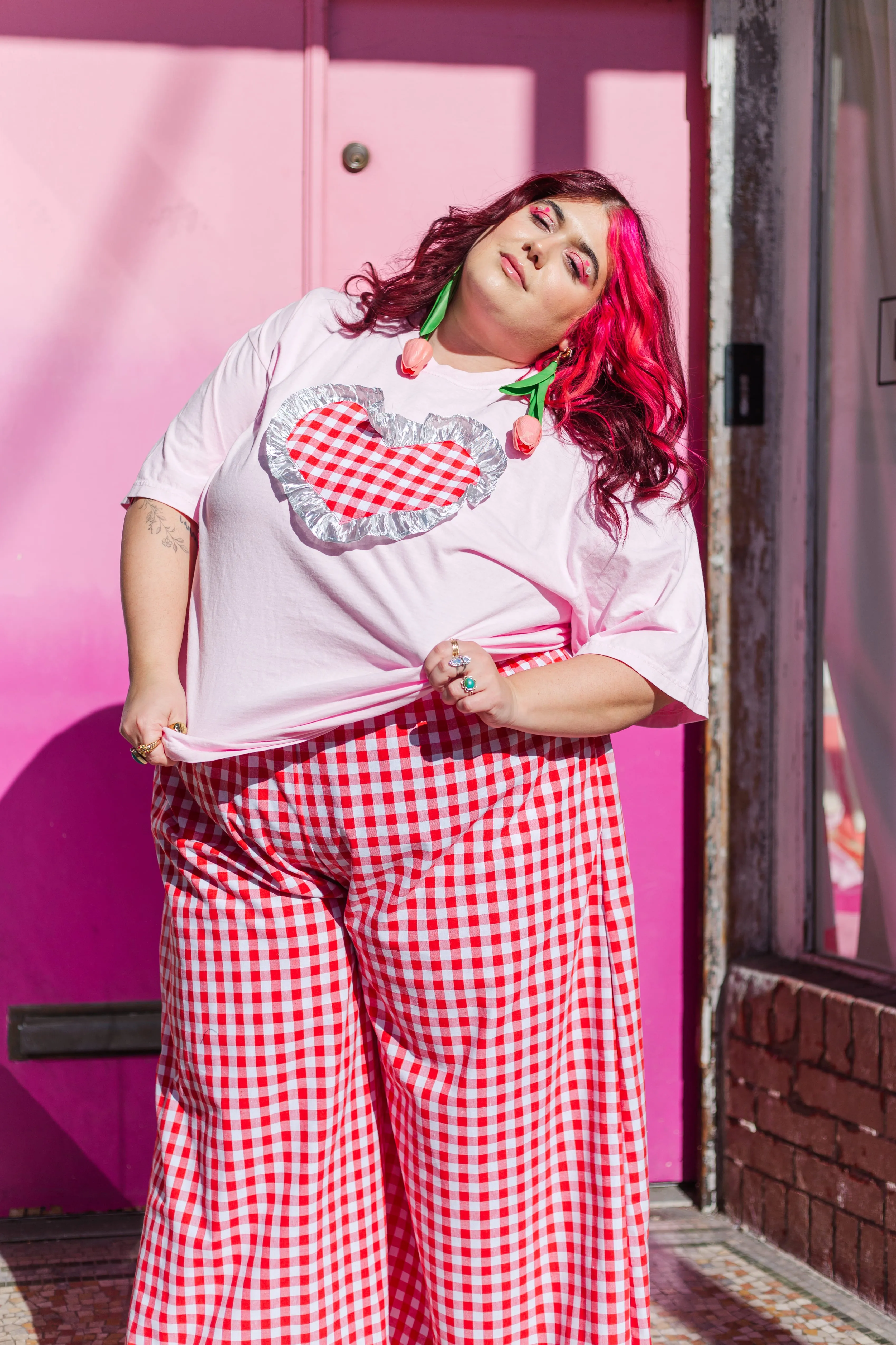 Heart T-Shirt - Pink / Red Gingham / Silver Ruffle - Size 4XL RTS)