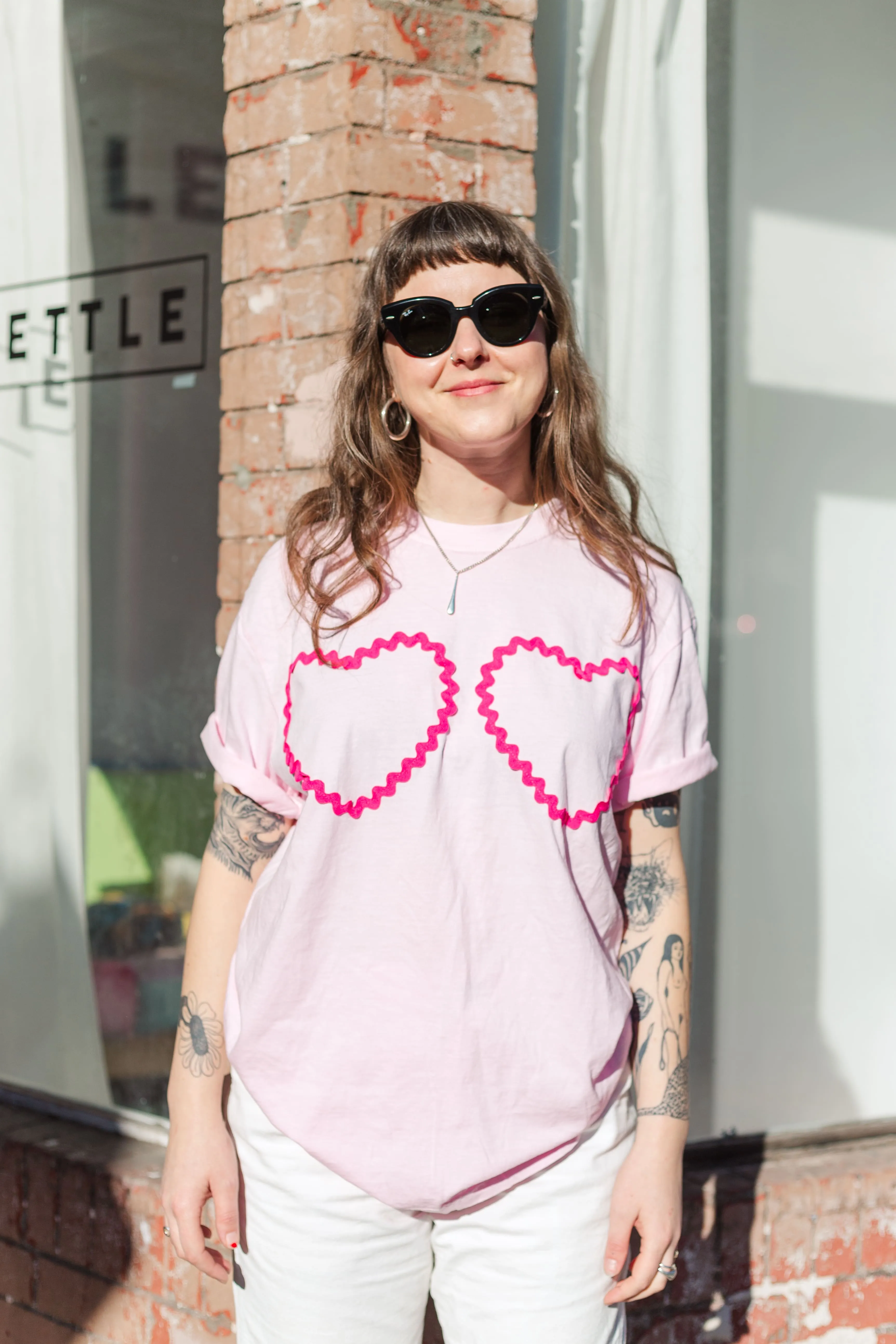 Heart T-Shirt - Pink/Hot Pink Double Heart - Size L (RTS)