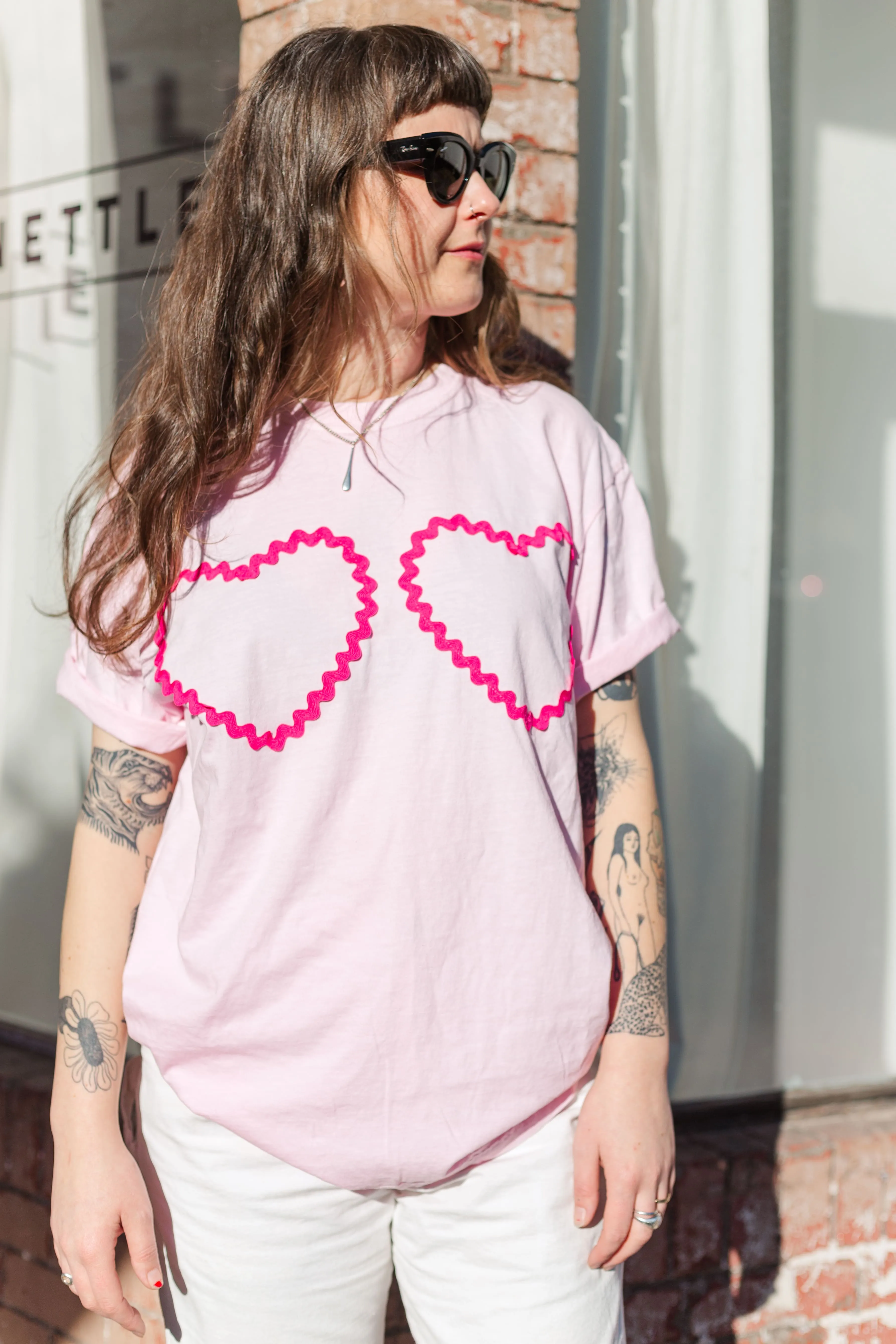 Heart T-Shirt - Pink/Hot Pink Double Heart - Size L (RTS)