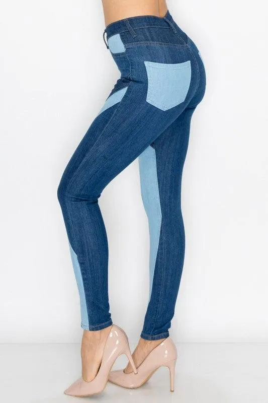 HIGH RISE MULTI PANEL MULTI TONE SKINNY JEANS