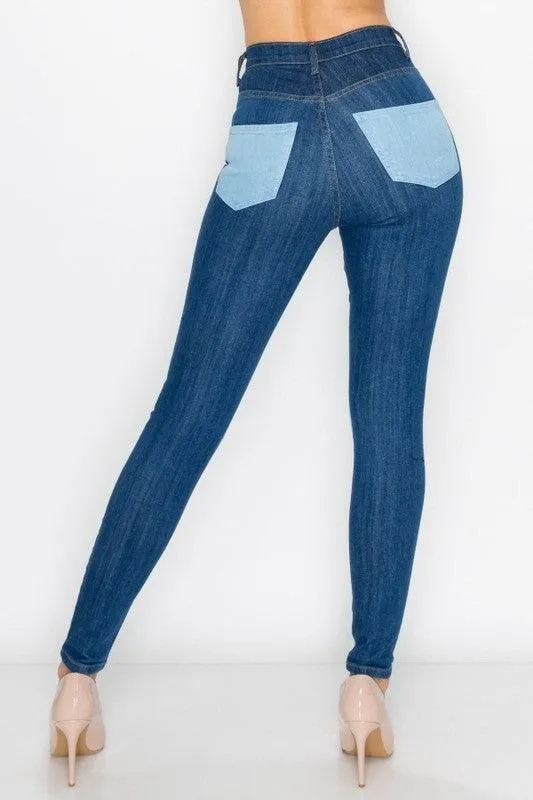 HIGH RISE MULTI PANEL MULTI TONE SKINNY JEANS