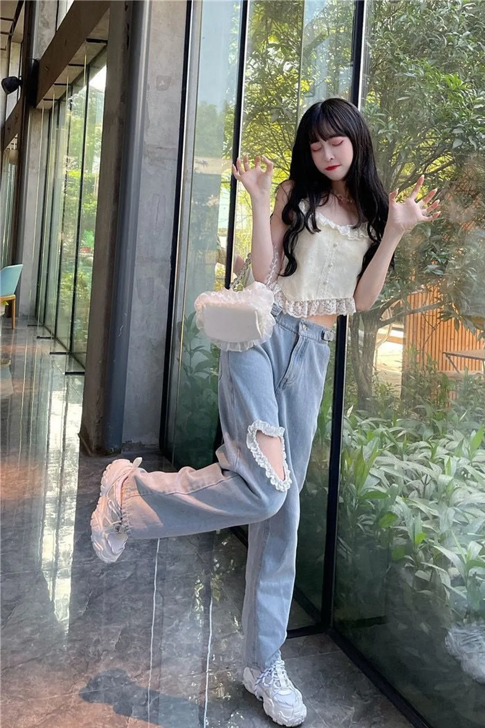 High Waist Lace Heart Shaped Loose Jeans Pants