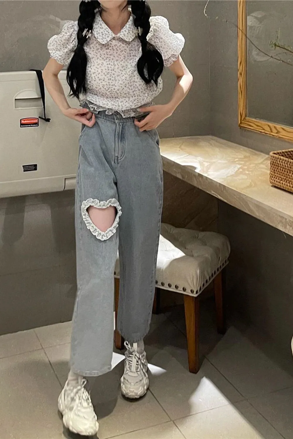 High Waist Lace Heart Shaped Loose Jeans Pants