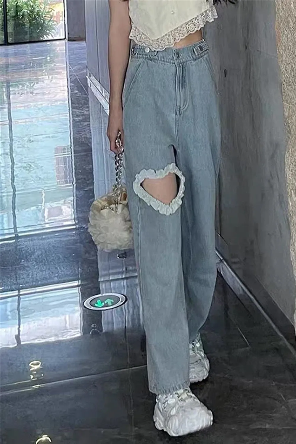 High Waist Lace Heart Shaped Loose Jeans Pants