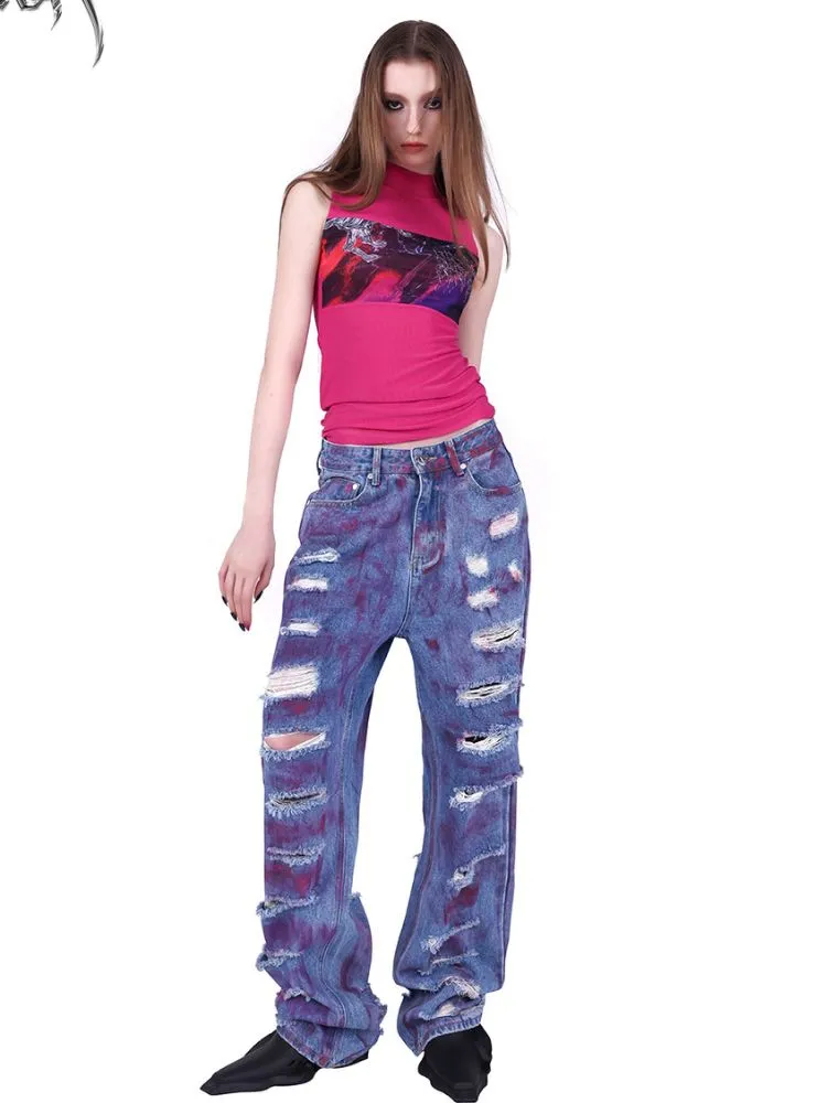 irregular super hole loose jeans