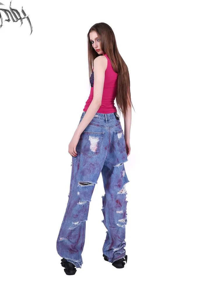 irregular super hole loose jeans