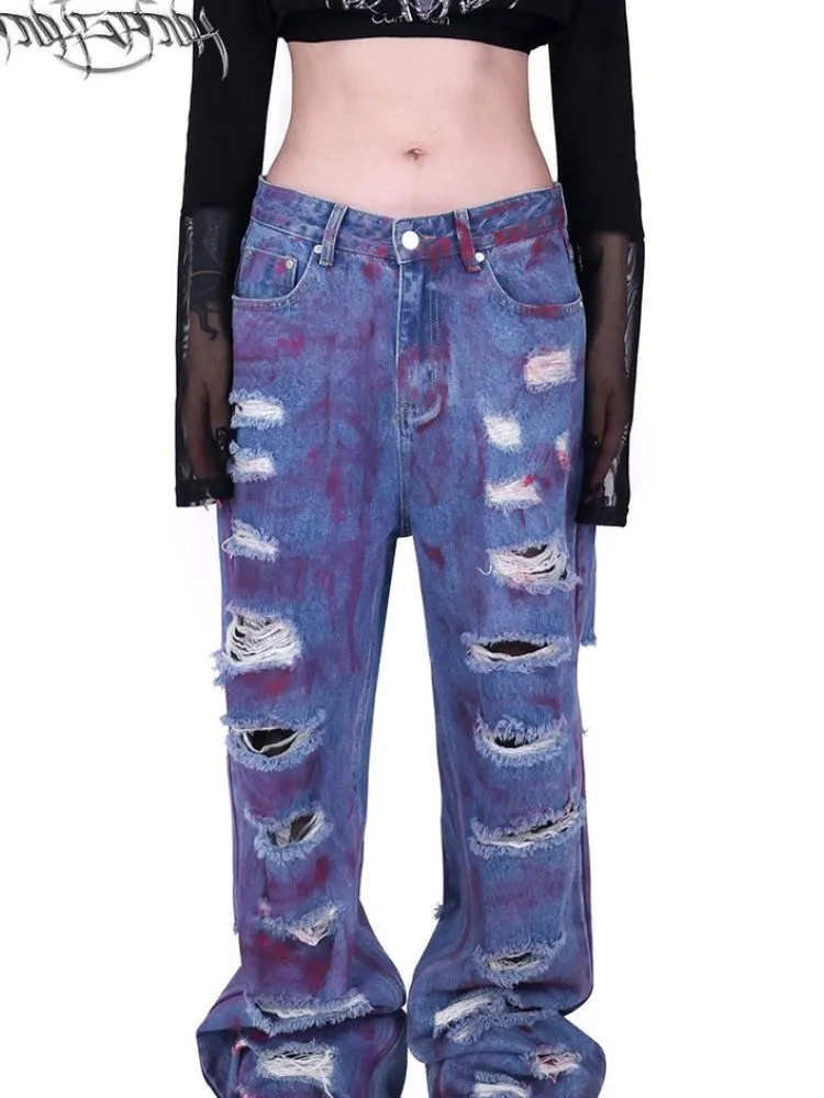 irregular super hole loose jeans