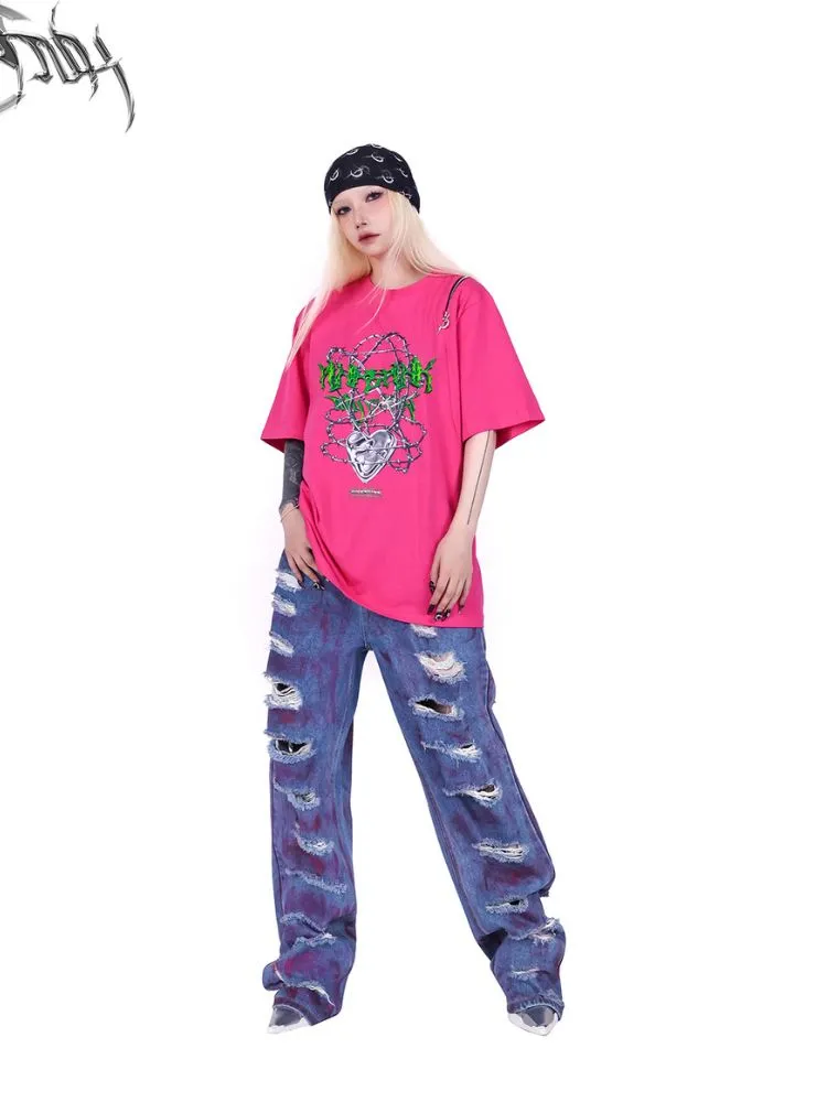 irregular super hole loose jeans