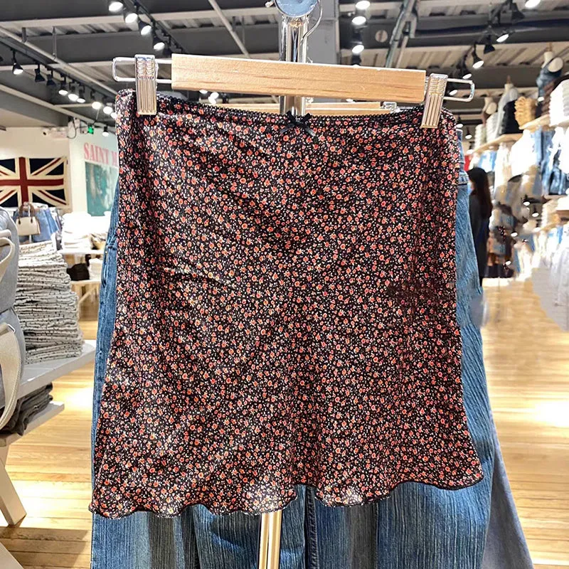 JazzHer Casual Women Floral Print Bow Skirts Summer Chiffon High Waist Lace Trim Mini Skirts Female Y2k Streetwear Slim Bottoms 2025