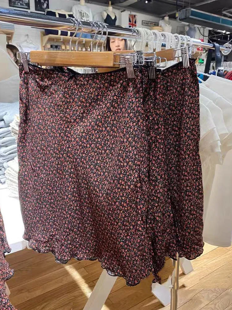 JazzHer Casual Women Floral Print Bow Skirts Summer Chiffon High Waist Lace Trim Mini Skirts Female Y2k Streetwear Slim Bottoms 2025