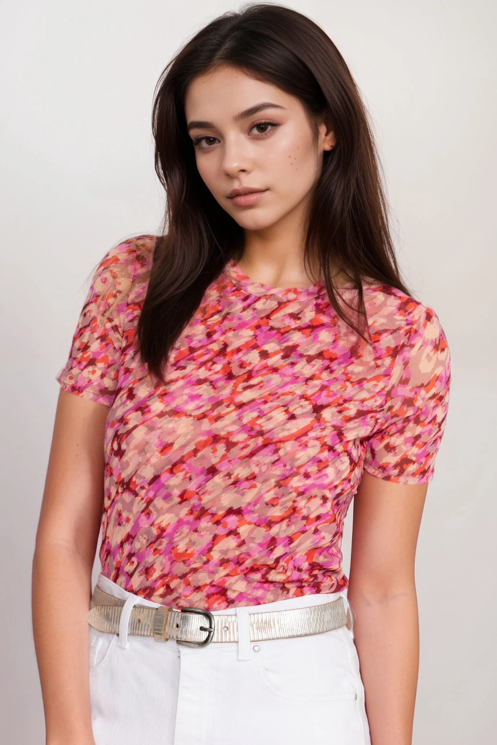 Johnny Was Jade Pink Mina Mesh Short Sleeve Tee R13024