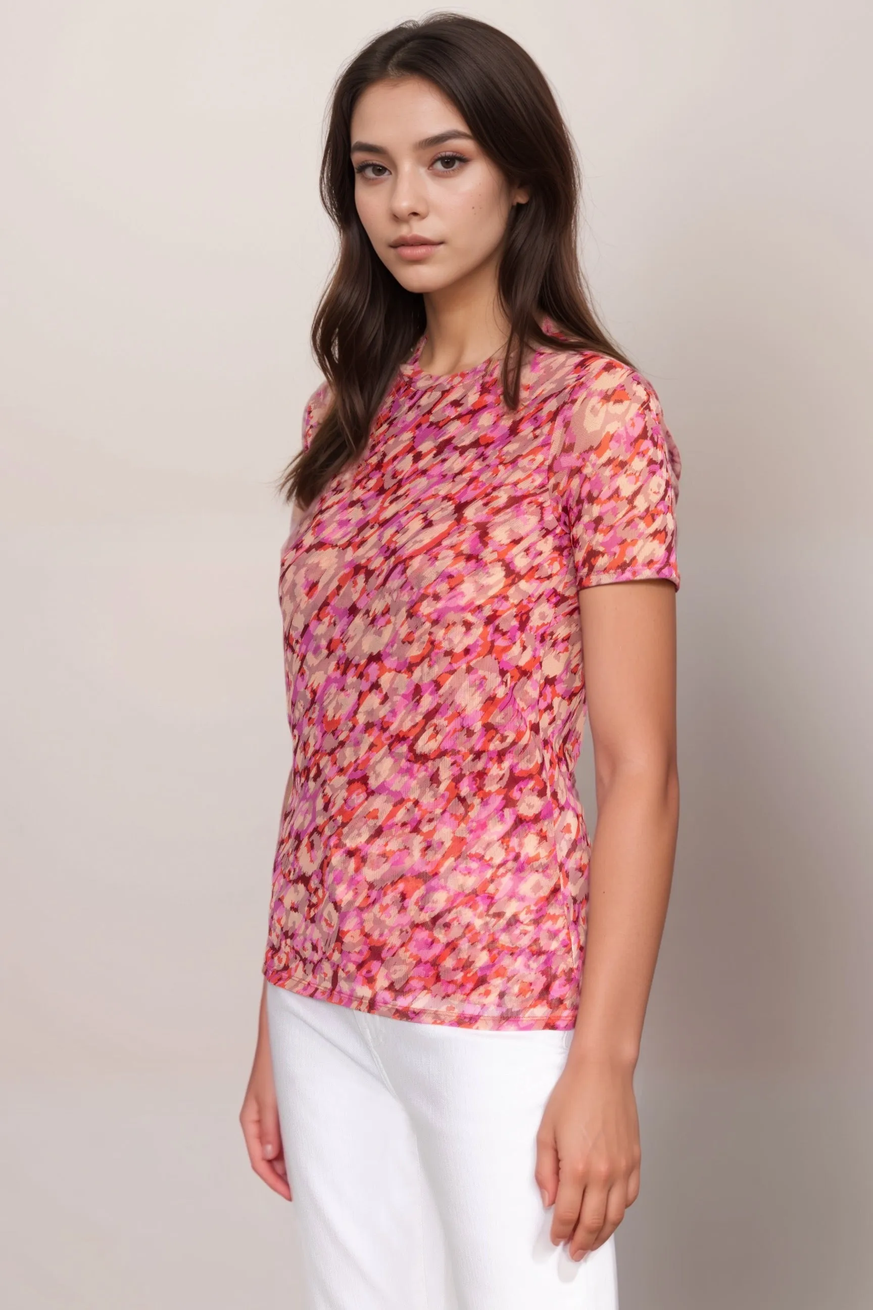 Johnny Was Jade Pink Mina Mesh Short Sleeve Tee R13024