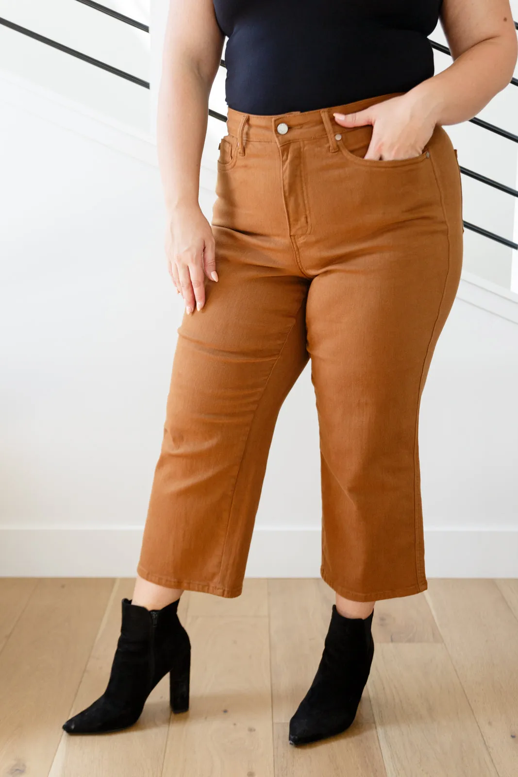 JUDY BLUE Briar High Rise Control Top Wide Leg Crop Jeans in Camel