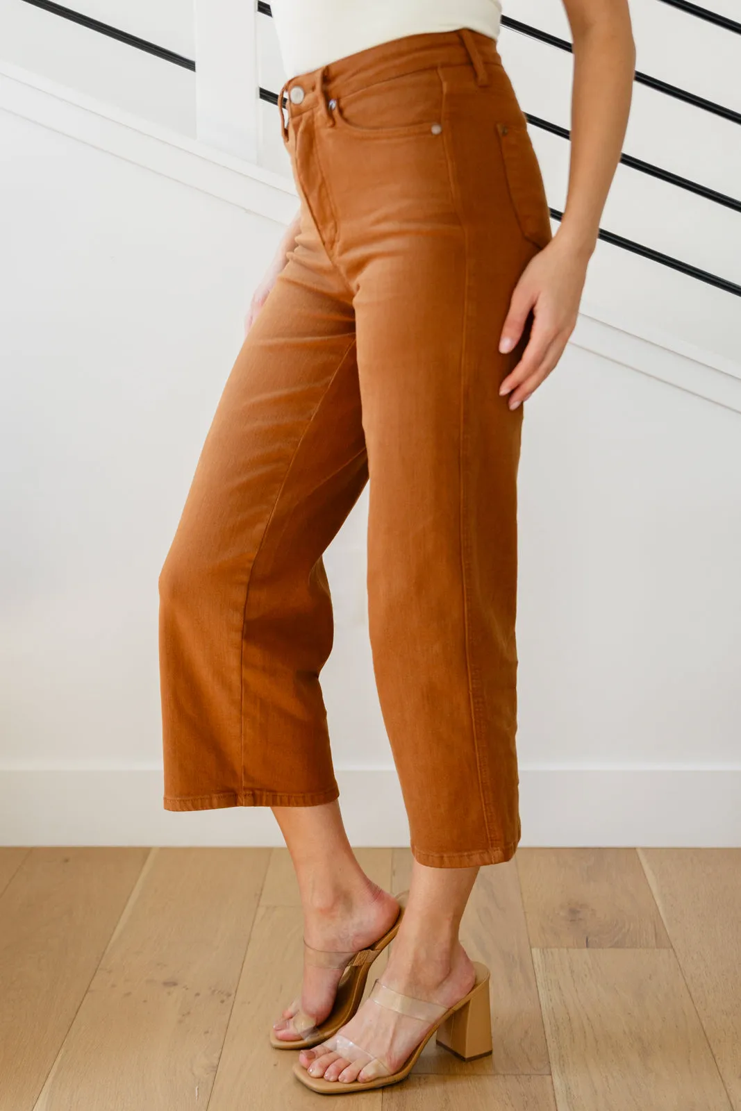 JUDY BLUE Briar High Rise Control Top Wide Leg Crop Jeans in Camel