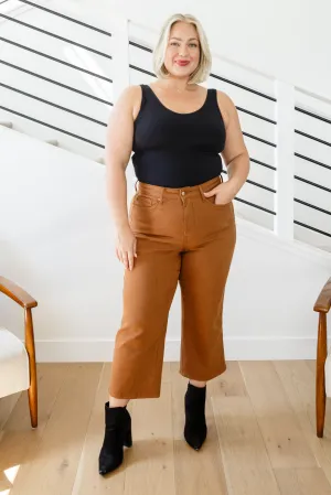 JUDY BLUE Briar High Rise Control Top Wide Leg Crop Jeans in Camel