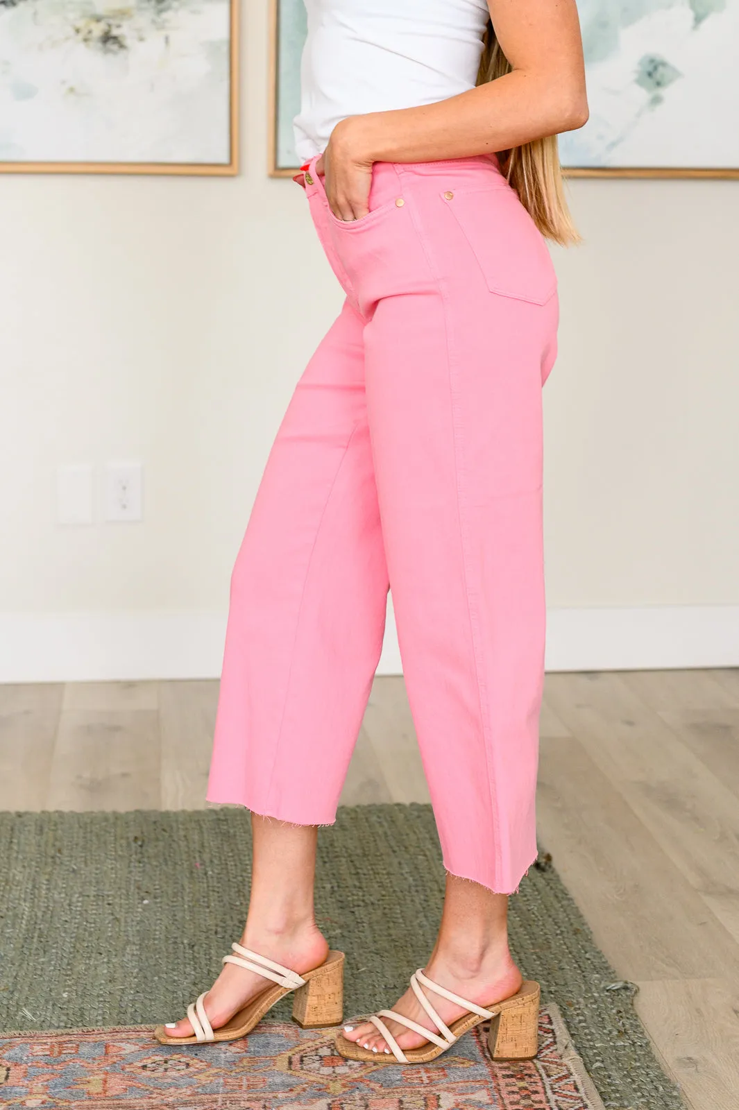 judy Blue Lisa High Rise Control Top Wide Leg Crop Jeans in Pink