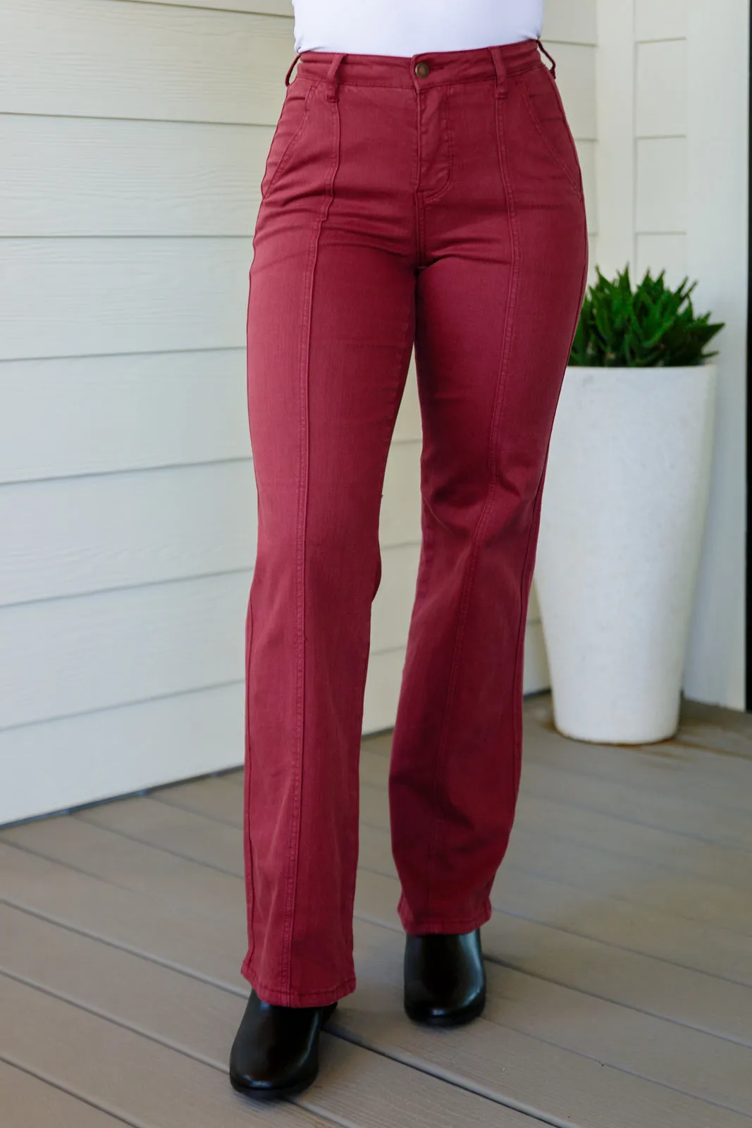 JUDY BLUE Phoebe High Rise Front Seam Straight Jeans in Burgundy
