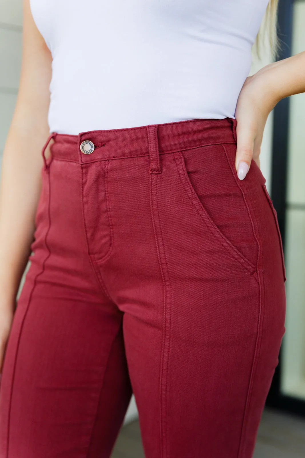 JUDY BLUE Phoebe High Rise Front Seam Straight Jeans in Burgundy
