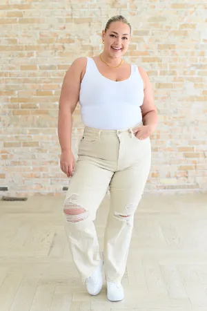 JUDY BLUE Selena High Rise Distressed 90's Straight Jeans in Bone