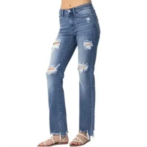 Judy Blue “Straight Fit” Distressed busted knee Boyfriend Jeans denim loose fit