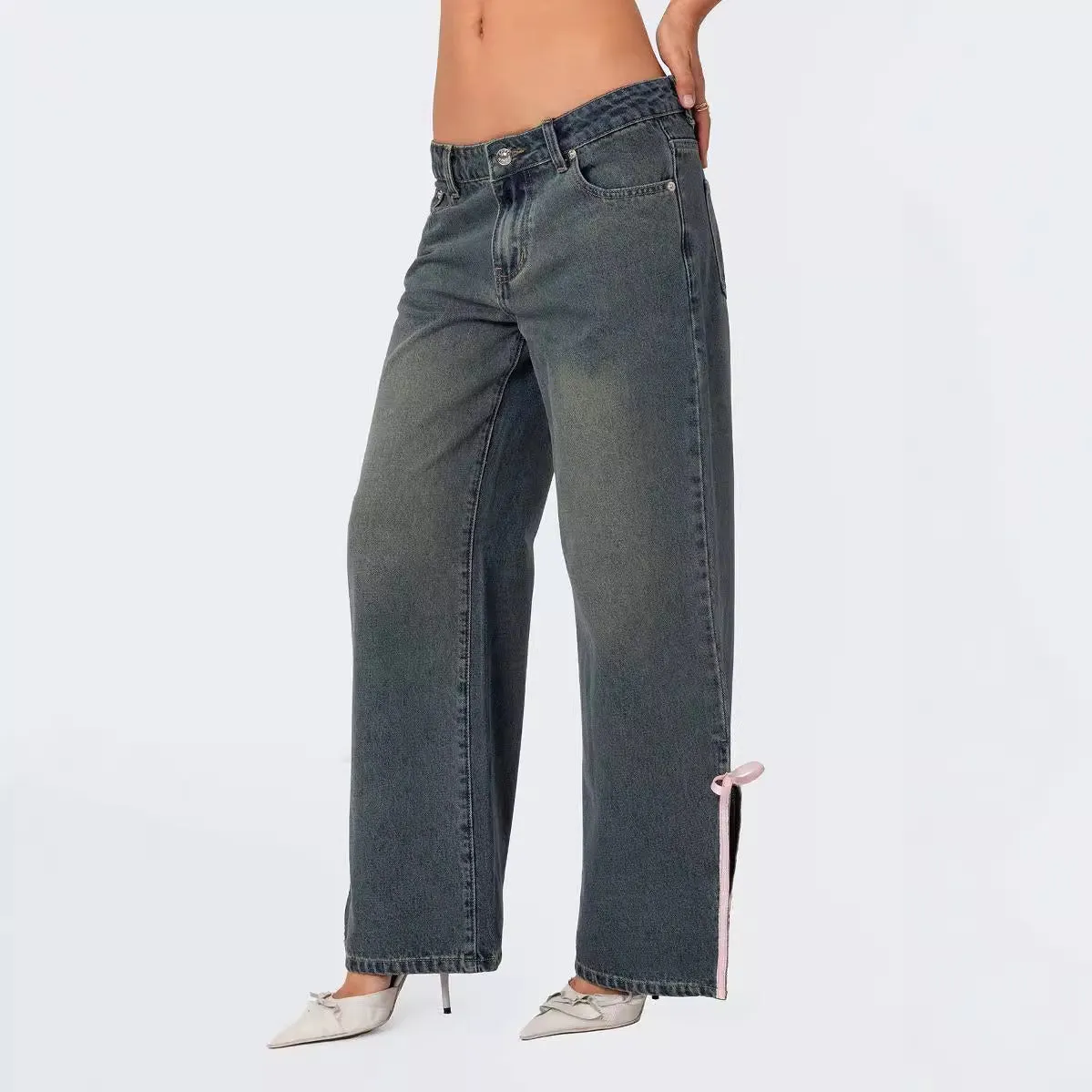 Loose Mid Waist Bow Side Slit Jeans