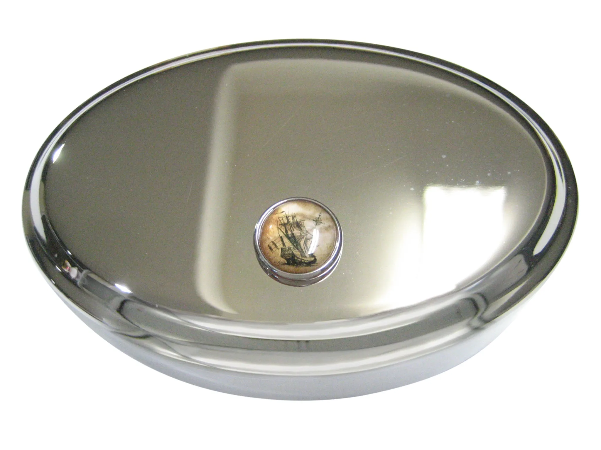 Nautical Old Ship Circular Oval Trinket Jewelry Box
