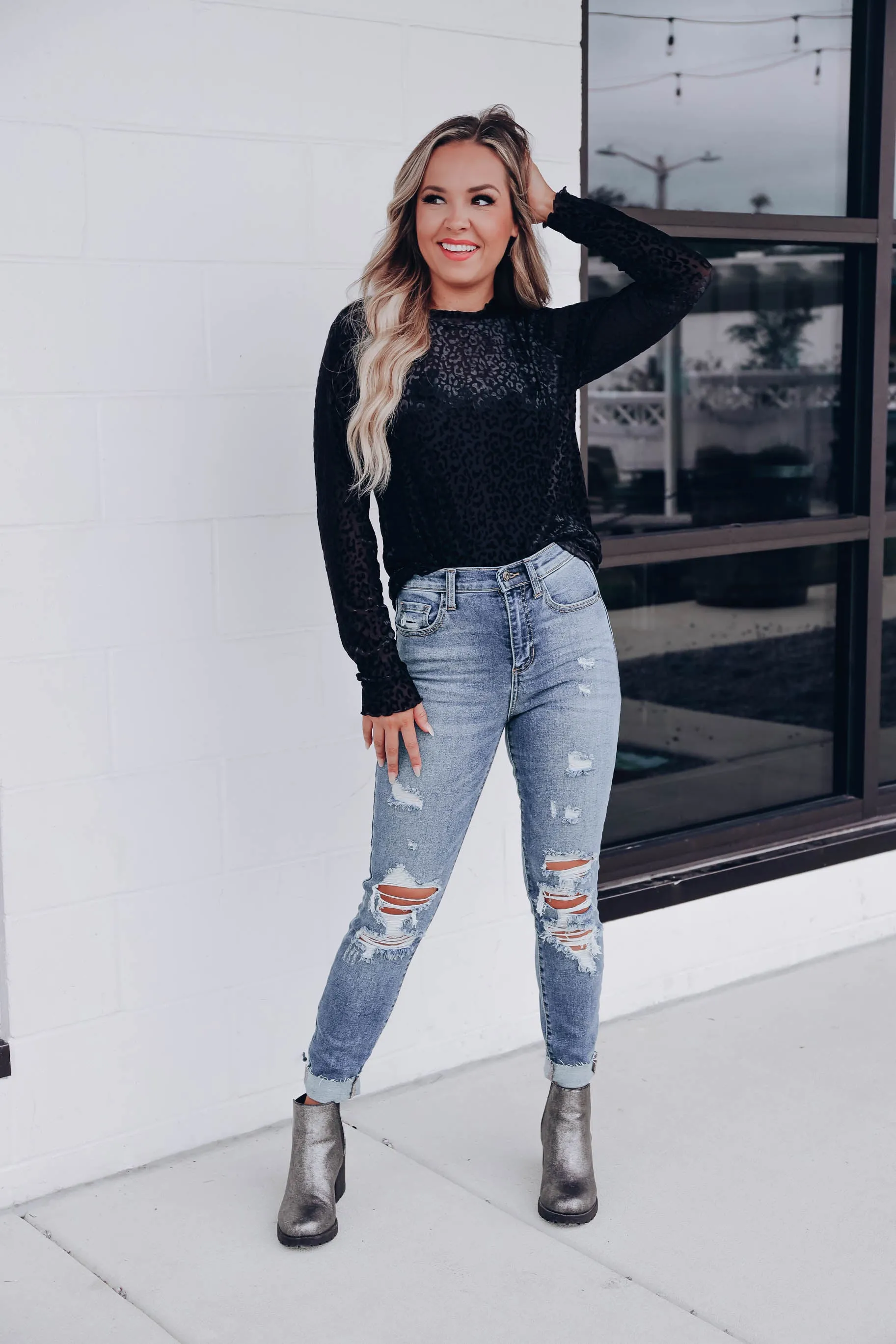Octavia Velvet Leopard Top - Black