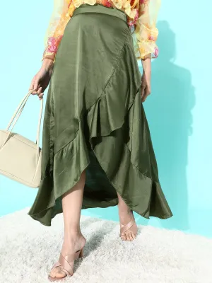 Olive Asymmetrical Frill Satan Skirt
