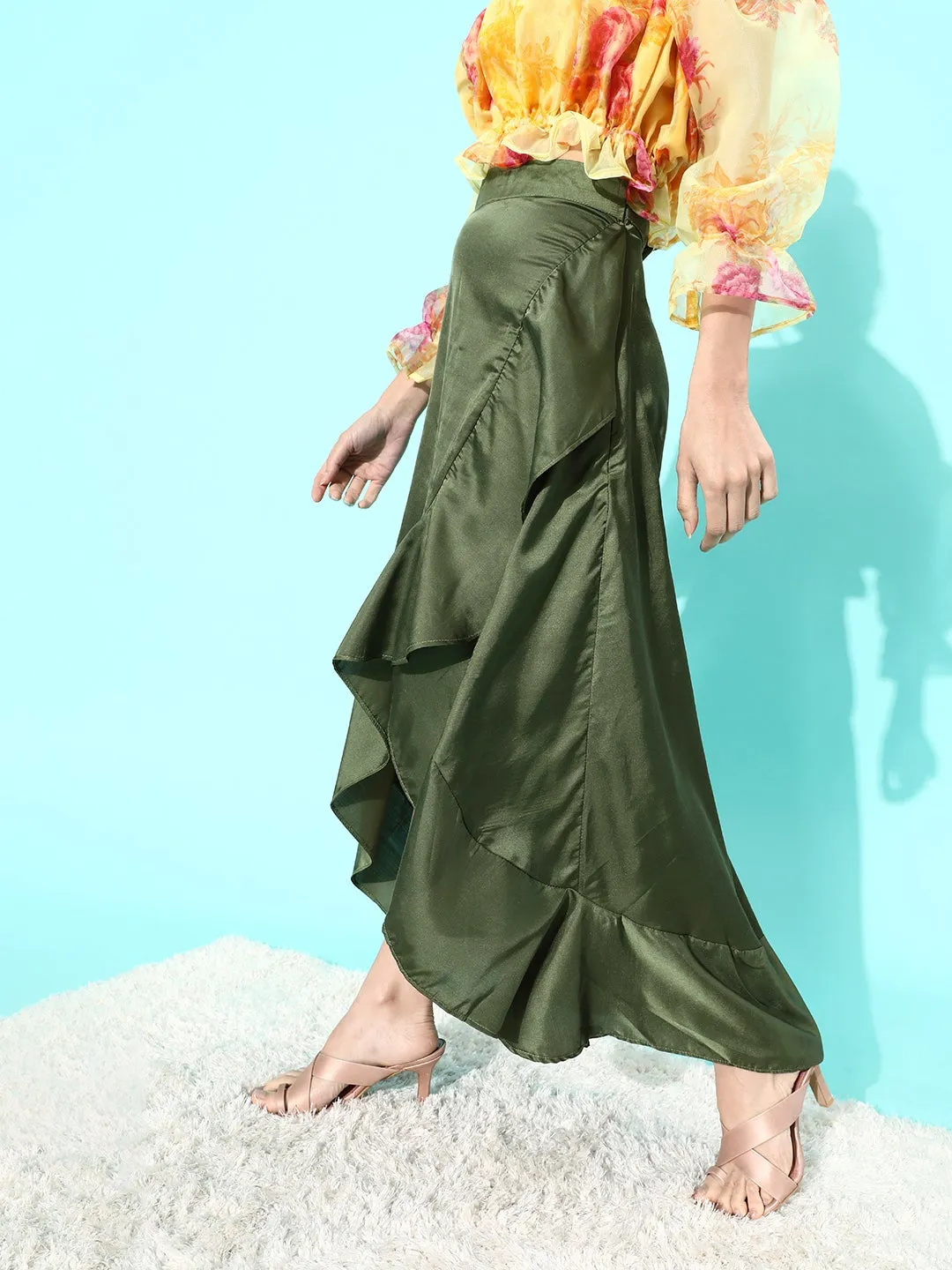 Olive Asymmetrical Frill Satan Skirt