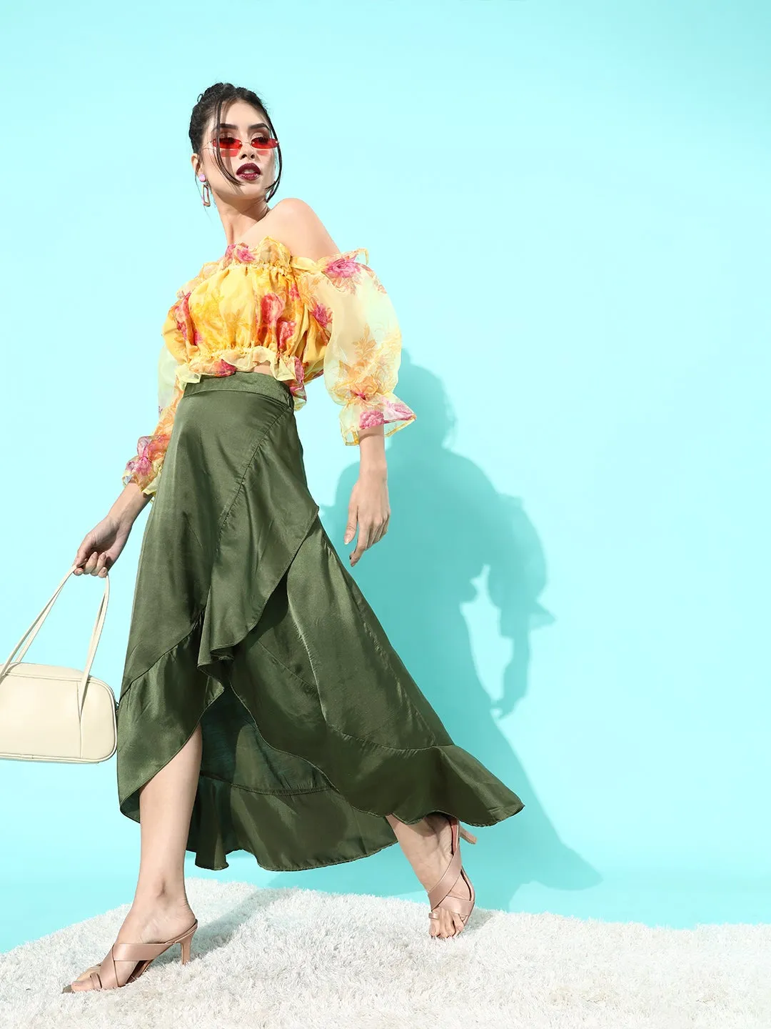 Olive Asymmetrical Frill Satan Skirt