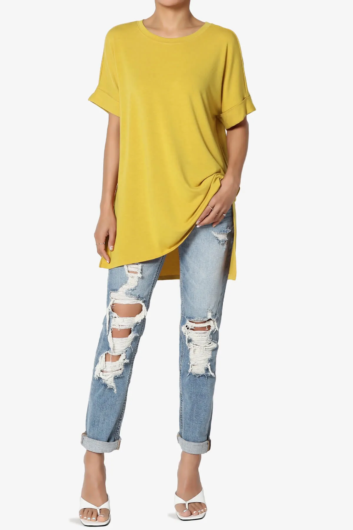 Onella Round Neck Rolled Short Sleeve Top
