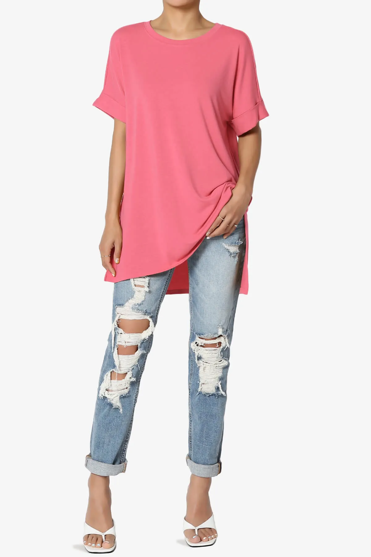 Onella Round Neck Rolled Short Sleeve Top