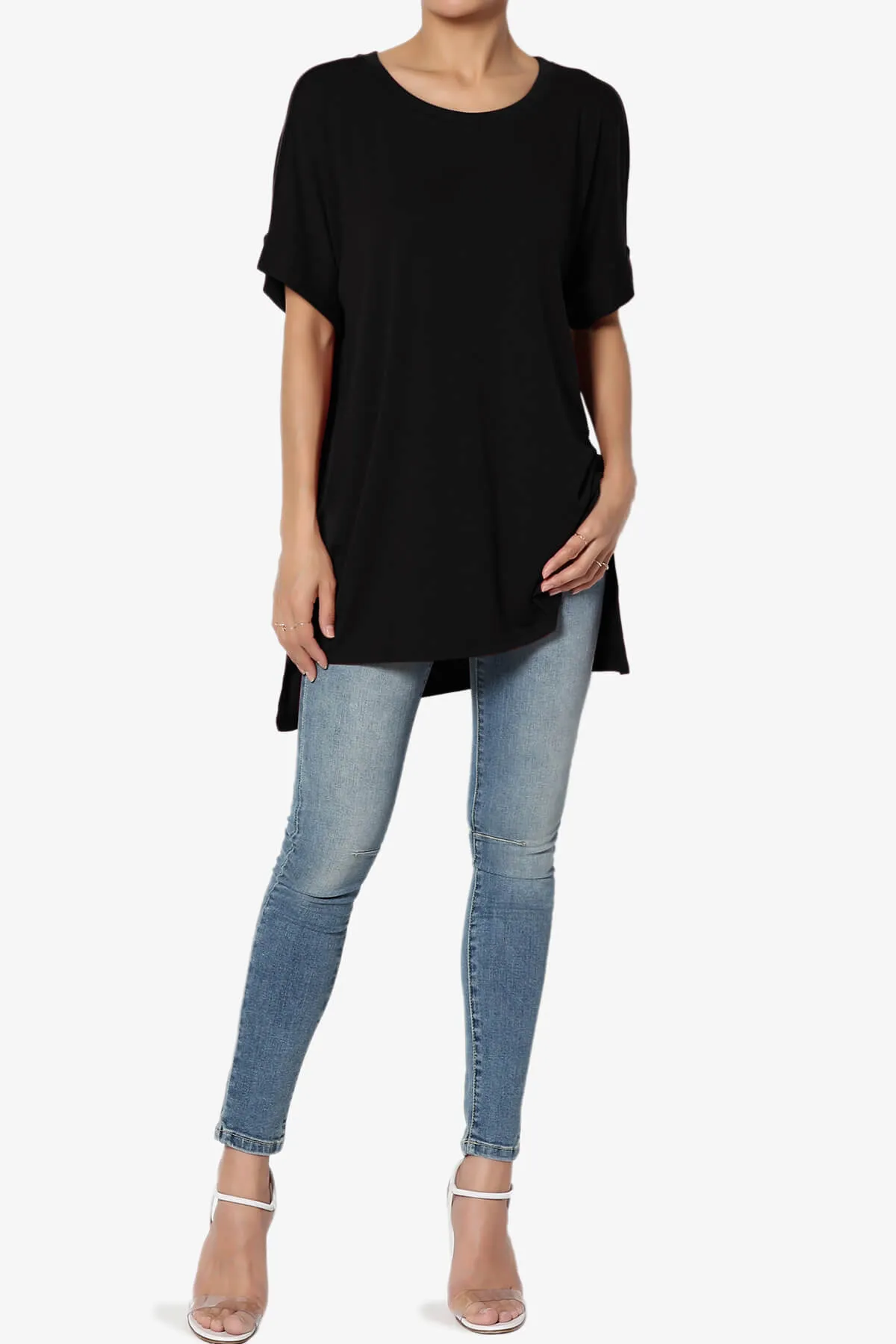 Onella Round Neck Rolled Short Sleeve Top