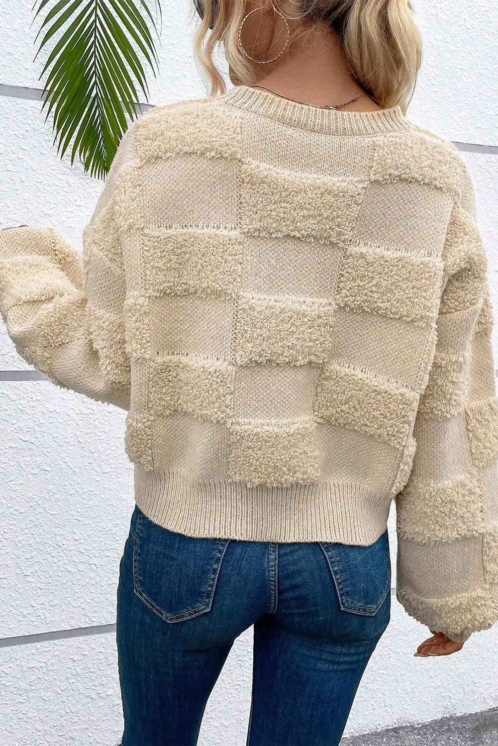 Parchment Checkered Sherpa Crew Neck Sweater